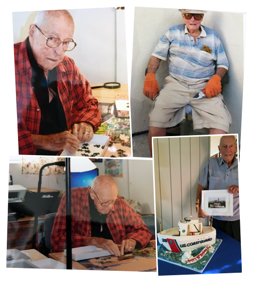 Jim collage; puzzles, gardening outfit, and 90th birthday cake of the Storis